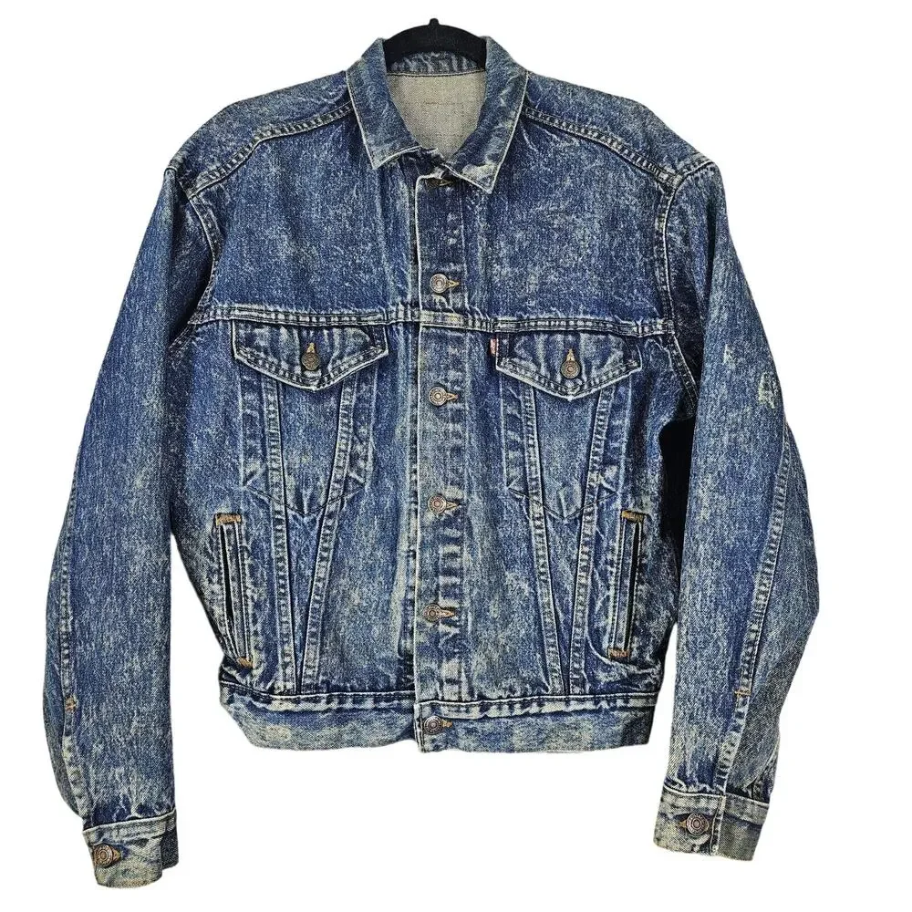 Levis Vintage Jean Jacket USA 1980s Acid Washed Denim Trucker Red Tab Distressed - Picture 1 of 16